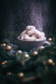 Almond crescent cookies in a cup, festive Christmas mood