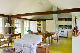 Country-house-style interior with lime-green floor