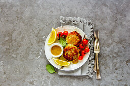 Vegetarian cauliflower cakes with dip and vegetables