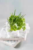 Parsley and chives in a glass of water