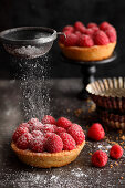 A raspberry tartlet being dusted with icing sugar