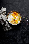 Indian comfort food - boiled rice, mashed pumpkin and potato, boiled lentil and 7-minutes egg