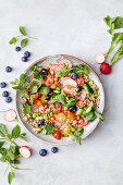 Bunter Power Salat mit Quinoa, Gemüse, Blaubeeren und Minze