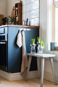 Hyacinths in bulb vases on stool in kitchen