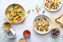 Rice noodle salad, and a chickpea curry with prawns
