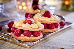 Mille feuilles with raspberries, vanilla cream and spices for Christmas