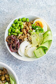 Vegetarische Lunch Bowl mit mariniertem Ei und Edamame