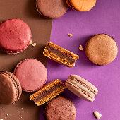 Assortment of colorful macarons on purple and brown background