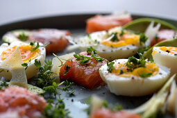 Lemon pickled salmon with eggs, avocado and browned butter