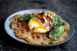 Waffels with bacon, cheese, chili, poached eggs. avocado and koriander