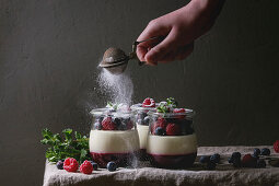 Schichtdessert mit Beerengelee, Panna Cotta und frischen Beeren