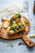 Roasted ciabatta with bryndza, mushroom and kale