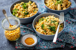 Fried rice with chicken, broccoli and corn