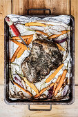 Roasted lamb shoulder with roasted carrots