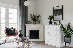 Houseplants on chest of drawers and corner fireplace in elegant living room