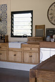 Kitchen counter with wooden doors and sink below window