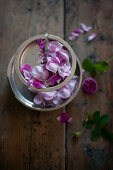 Rose petals on cake stand