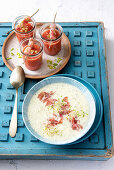 Wassermelonen-Gazpacho mit Schwertfisch-Spiesschen & Kalte Melonen-Joghurtsuppe mit Minze