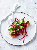 Vegan sweet potato with tempeh, beetroot and watercress sprigs