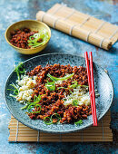 Egg-fried rice with asian mince
