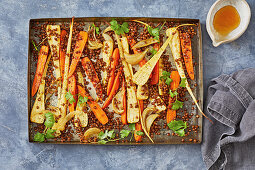 Sweet spiced carrot and pasnip tray bake