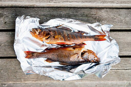 Smoked perch on aluminum foil