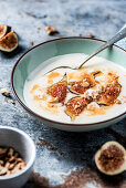 Vegan soy cream with figs and maple syrup