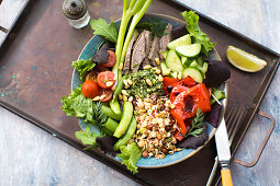 Healthy salad bowl with bean sprouts, beef, cucumber, herbs, lime, roasted peppers and tomatoes