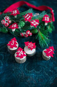 Small, numbered, felt trees arranged on wooden discs next to pine twigs