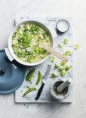Green vegetable soup with brussels sprouts and cheese