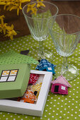 Handsewn, house-shaped drinking glass labels