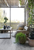 A coffee table, a rustic wooden bench and plant pots on a terrace