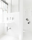 Washbasin on the partition to the toilet with books hanging on the wall