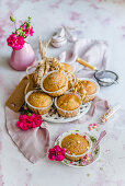 Spelled muffins with colorful sprinkles and powdered sugar