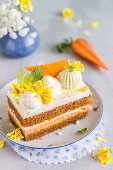 Piece layered carrot cake with cream