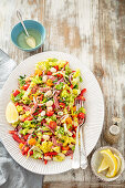 White bean and salami salad with cherry tomatoes