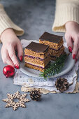 Gingerbread cake with custard, jam and chocolate glaze