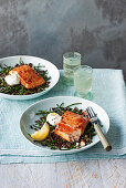 Prosciutto wrapped sea trout with samphire and lentil salad