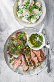 Mint chutney, barbecued lamb and potato salad