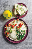 Spinach and feta quesadillas with smoked chicken