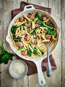 Penne with broccoli and mustardy sausage meatballs