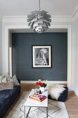 Photo portrait of Native American on grey wall in living room