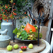 Autumn decoration with pumpkin, rose hips, hop vine and chestnuts