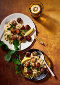 Chicken, cumin and honey meatballs with orzo