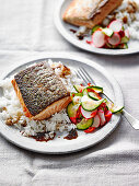 Crispy soy salmon with quick pickles