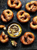 Beer and rock salt pretzels with camembert dip