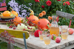 Herbstliche Tischdeko mit Kürbissen, Äpfeln, Hagebutten und Dahlienblüte, Dekanter und Gläser mit Apfelsaft