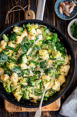 Gnocchi with broccoli and green beans in mustard sauce