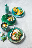Avocado cups with scrambled eggs, Egg-en-cocotte, Poached eggs on toast