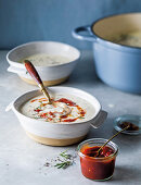 Farmstyle chicken soup with chillied pepper relish